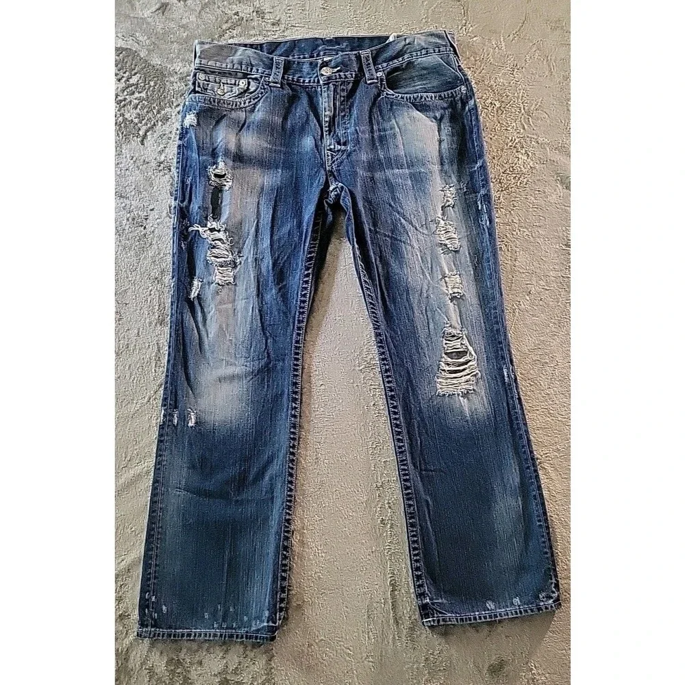 True Religion Jeans Men Size 40 Blue Distress Thick Stitch Flap Back Pockets